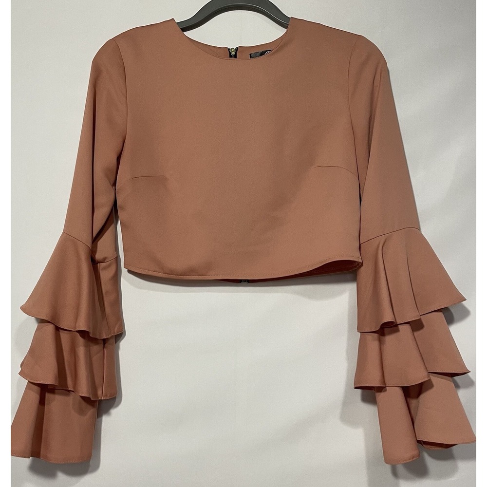 Womens Ruffle Sleeve‎ Cropped Top size 4 Back Zip Brown Earthy Cottagecore